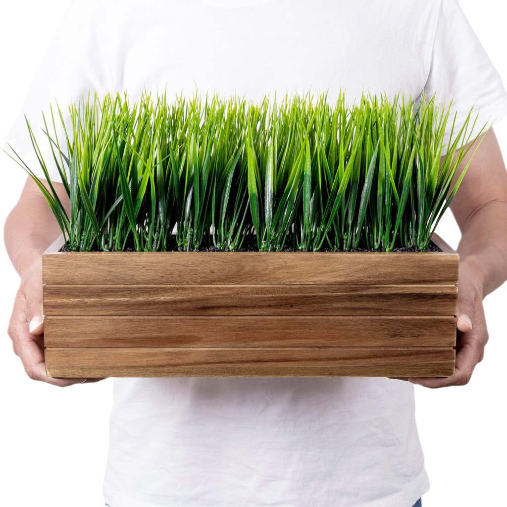 Artificial Green Grass Plant in Acacia Wood Planter - Faux Greenery ...