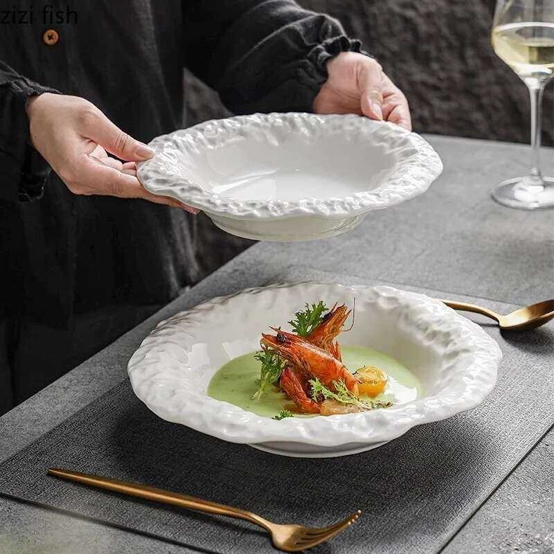 Stone Creative Pattern Edge Ceramic Plate Pure White Salad Plate ...