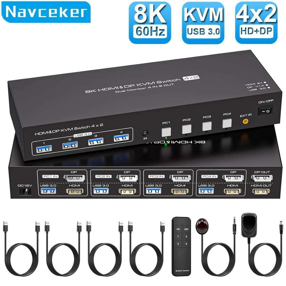 Navceker 8K HDMI DP KVM Switch 2 Monitors 4 Computers 4K 144Hz Dual ...