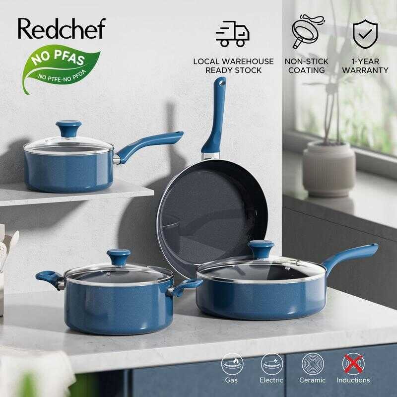 Redchef Nonstick Blue Ceramic Rock 7 Pcs Cookware Set Non Pfas& Ptfe ...