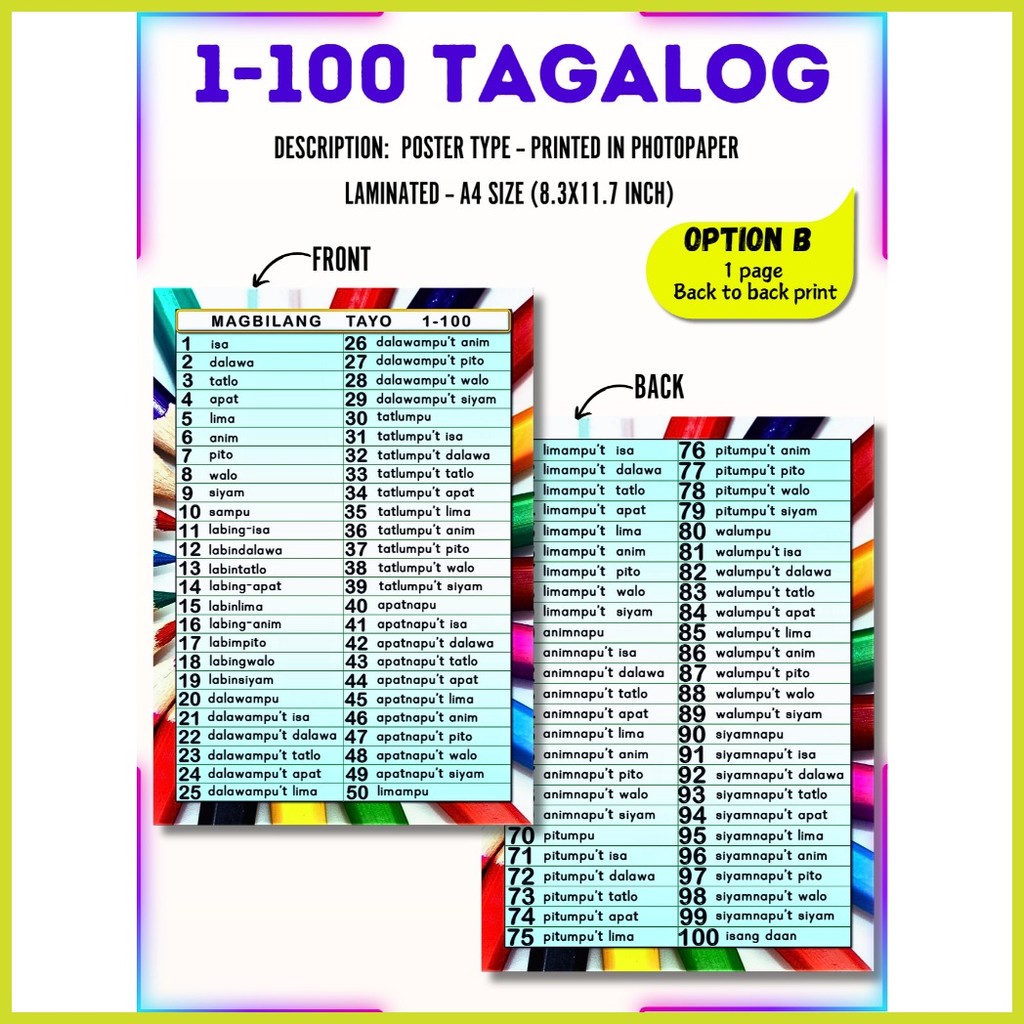 ⊙ Number 1-100 Tagalog laminated educational wall chart back to back ...