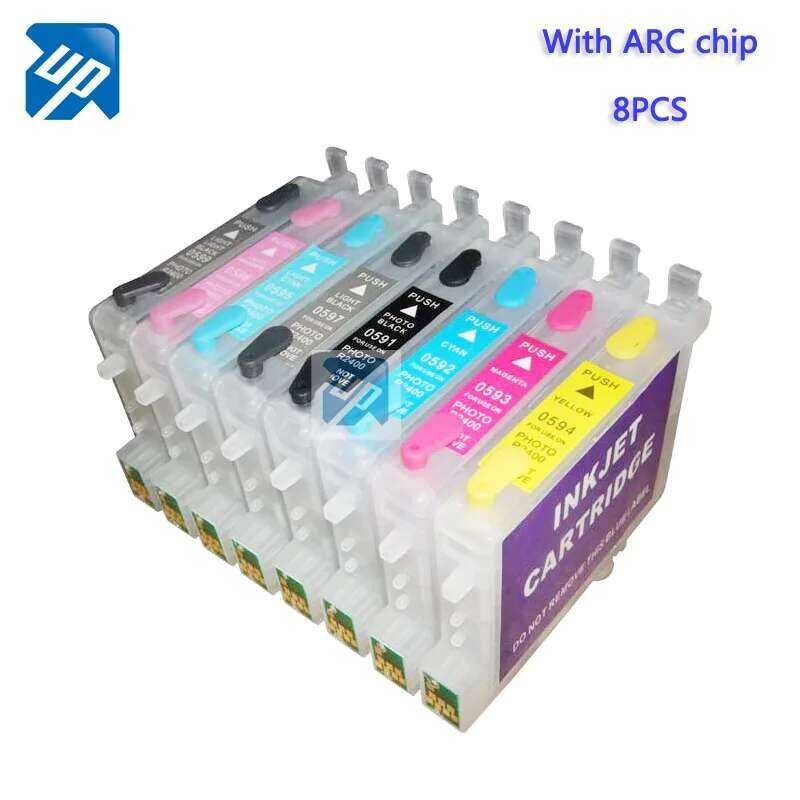 8Pcs 7 Empty Reable Ink Cartridge For Epson R2400 Printer With ARC Chip ...
