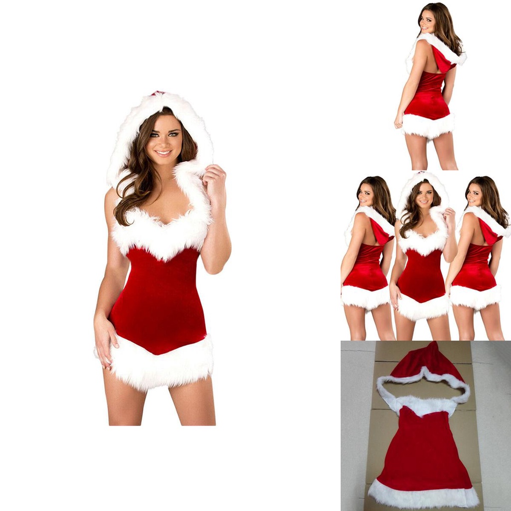 Women Christmas Costume Set Velvet Strap Dress Backless Mini Dress With Santa Hat Diamond Belt Role Play Set Vetement Femme