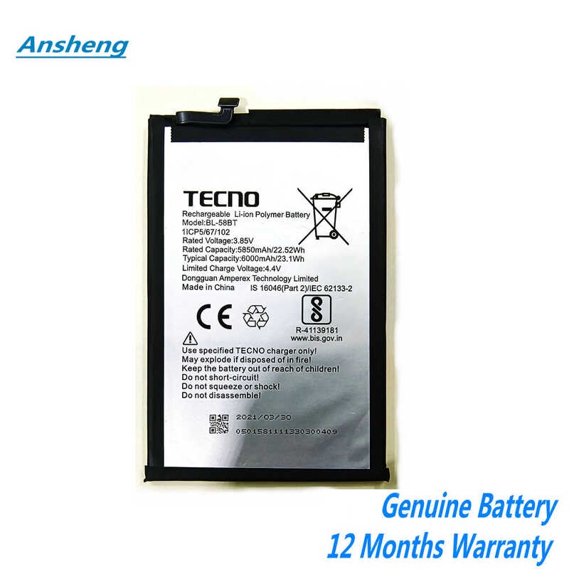 Orihinal na 3.85V 6000mAh BL-58BT Baterya Para sa TECNO LC7 SPARK 6 Air ...