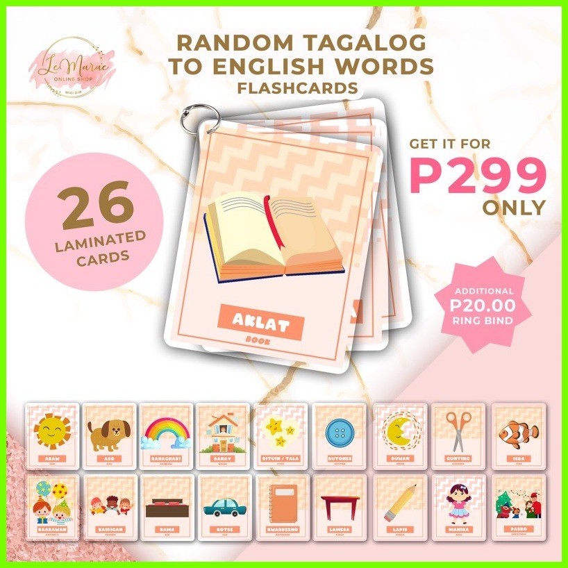 § RANDOM TAGALOG ENGLISH WORDS Laminated Educational Flashcards for ...