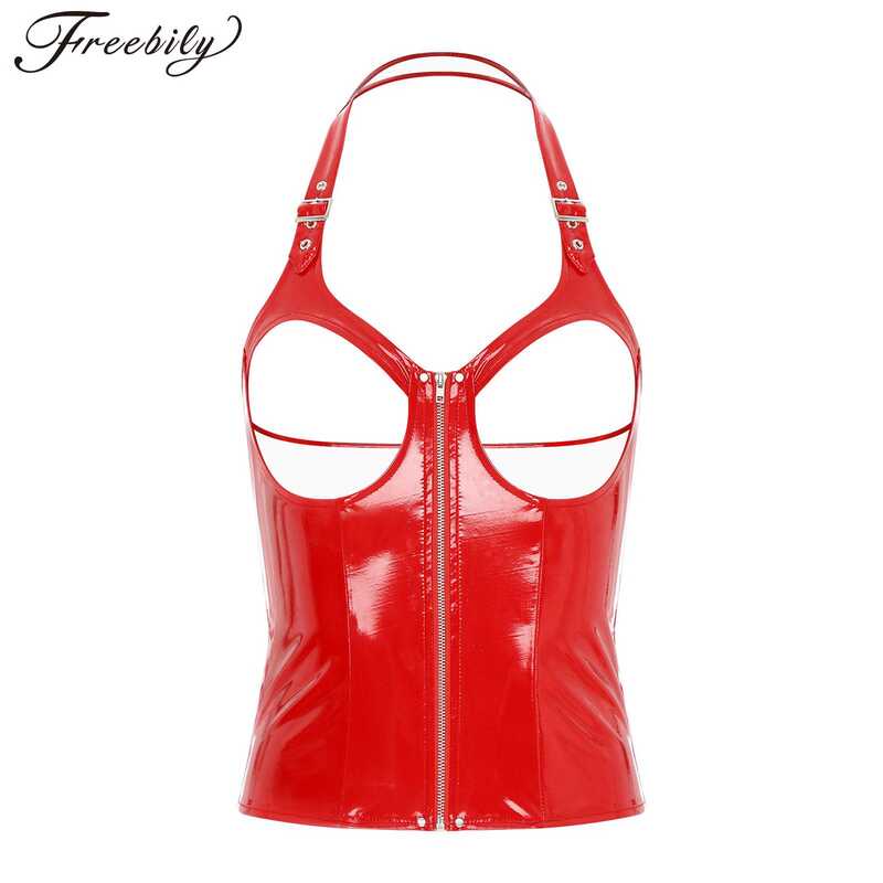 Steampunk Patent Leather Bustier Crop Top Womens Sexy Halter Open Bra ...