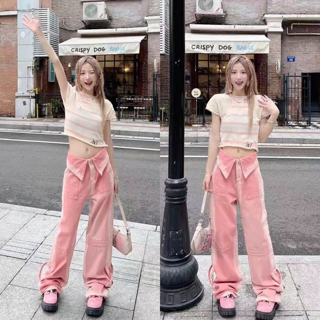 Crazy Girl Pink Mist Balletcore Bow Pink Wide Leg Jeans Pants