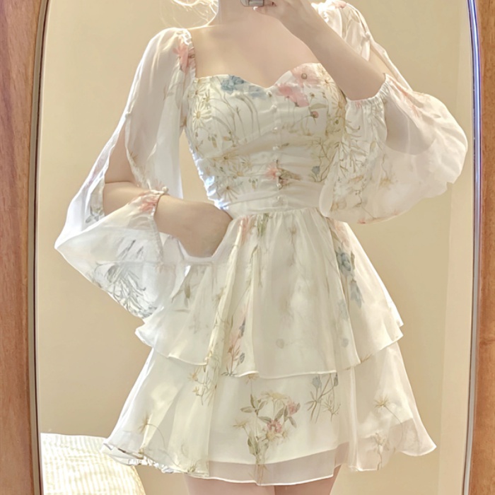 Women's Sexy Pleated Bubble Sleeve Mesh Dress Sexy Homecoming Dress  Y2969