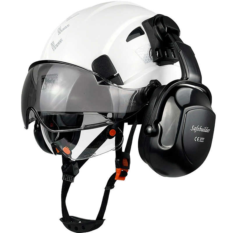 Construction Safety Helmet With Visor Built In Goggle Earmuffs For