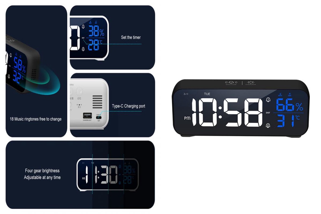 wanpanyu 1 Set Alarm Clock 5 Gears Volume/Brightness Voice Control