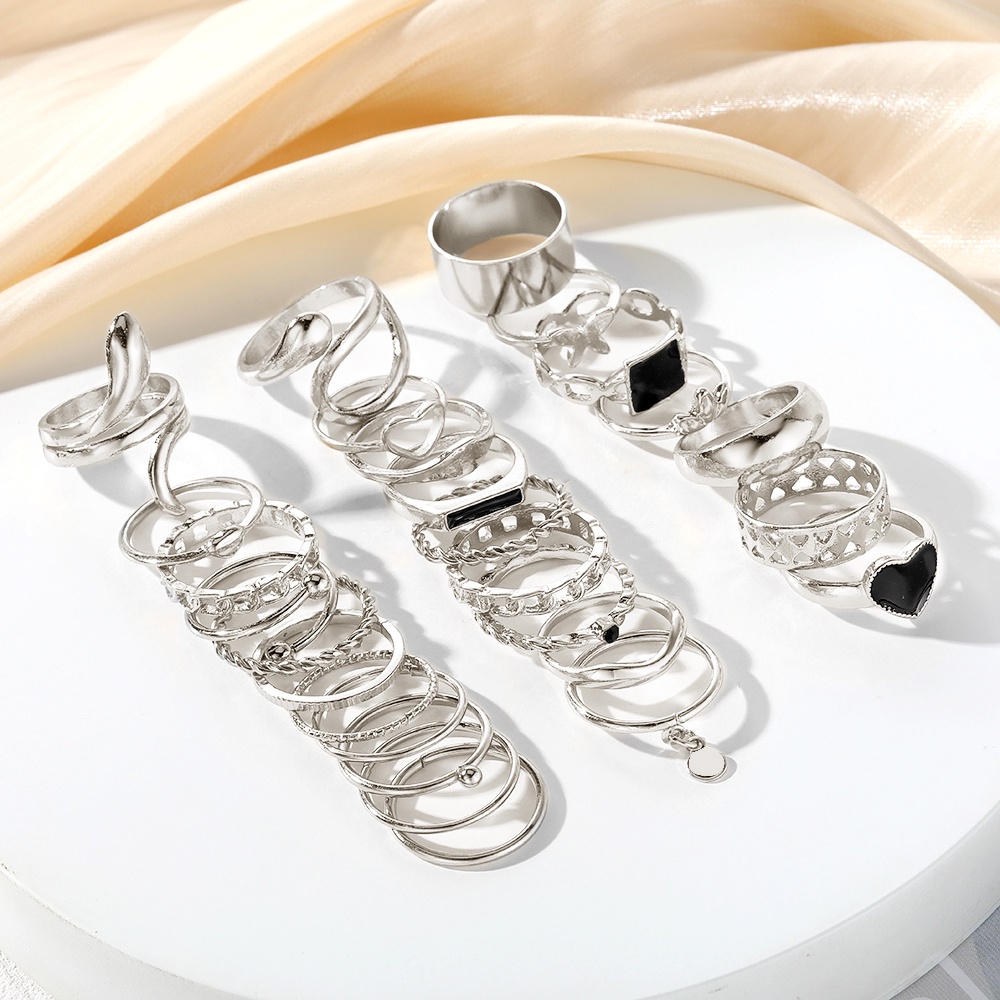 Black Epoxy Heart Square Rings Set 27Pcs Women Fashion Jewelry Gift ...