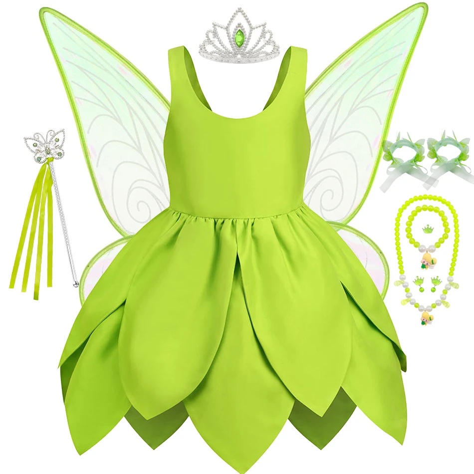 Girls Tinker Bell Costume Kid Green Fairy Princess Fancy Tinkerbell