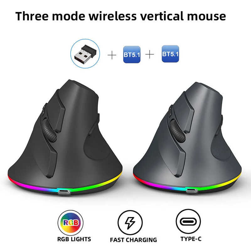 3 Modes Wireless Vertical Mouse Wired ro Programmable RGB Ergonomics ...