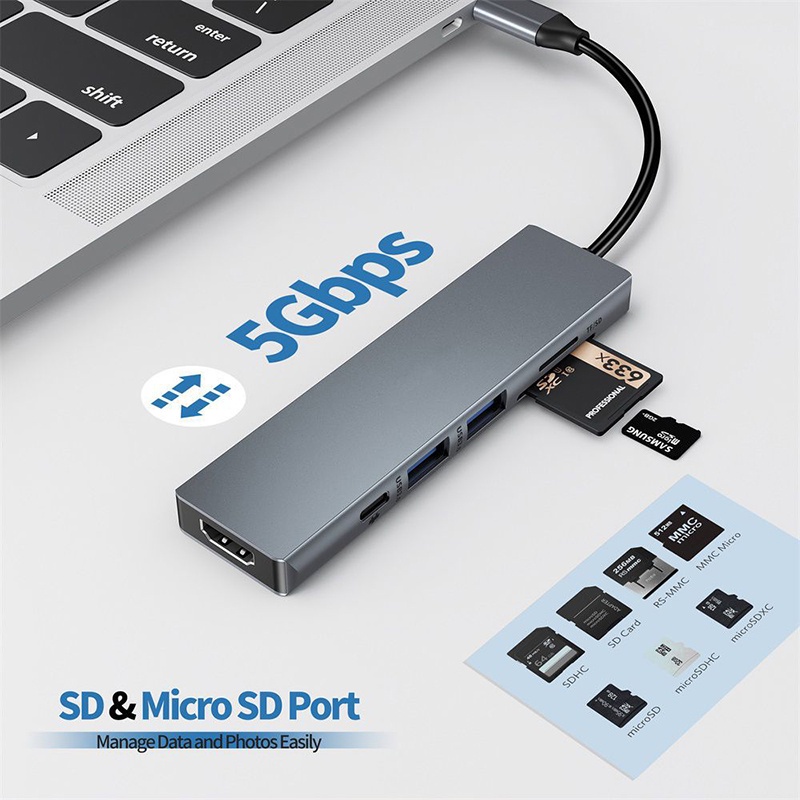 6 In 1 Type-C Hub Adapter Docking Station USB 3.0/HDMI/TF SD Card ...