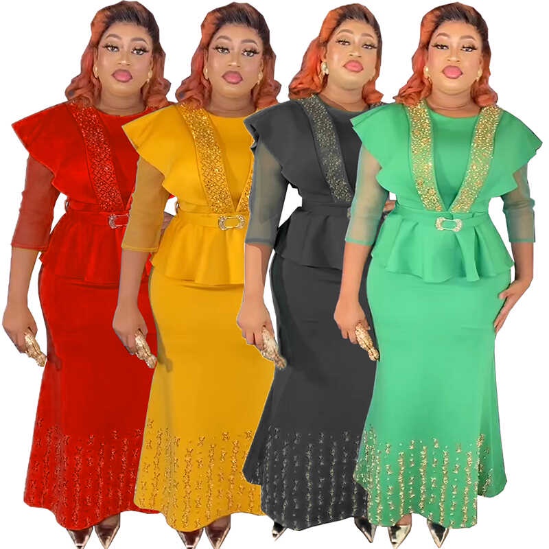 2 Piece Sets African Dresses For Women Ruffels Tops And High Waist 