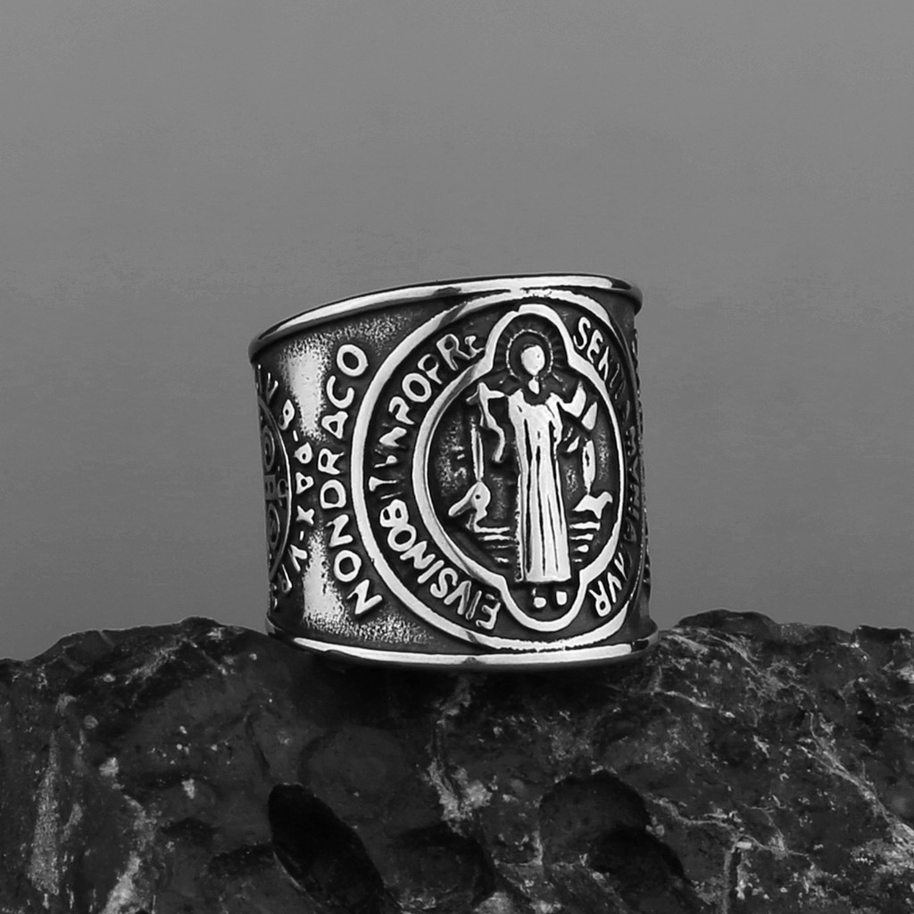 St Benedict Exorcism Ring Stainless Steel Catholic Roman Cross Demon ...