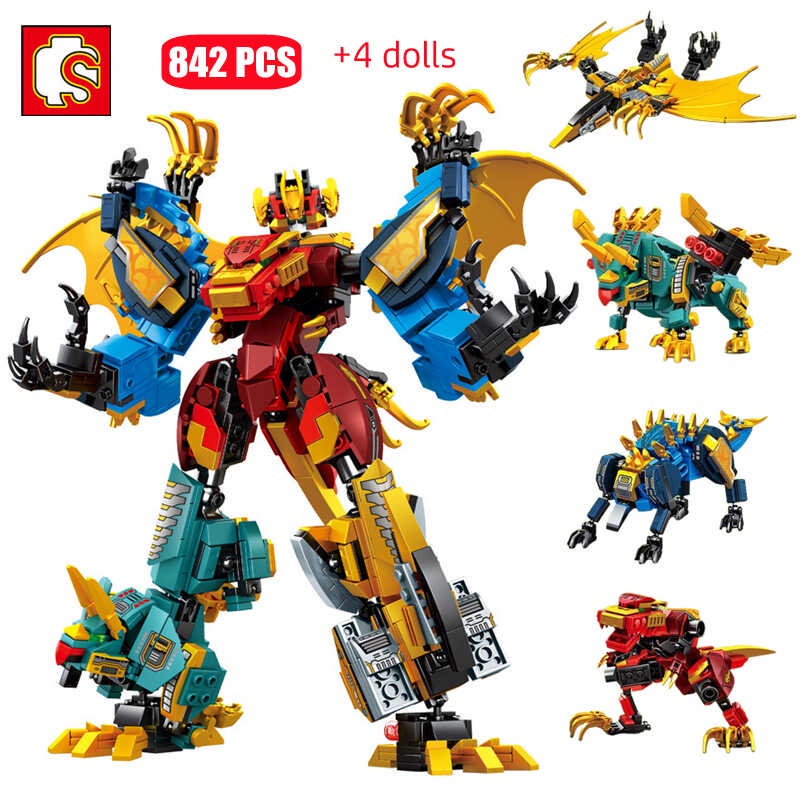 SEMBO 4In1 Transforming Robot Mecha Building Blocks Kits Dinosaur World ...