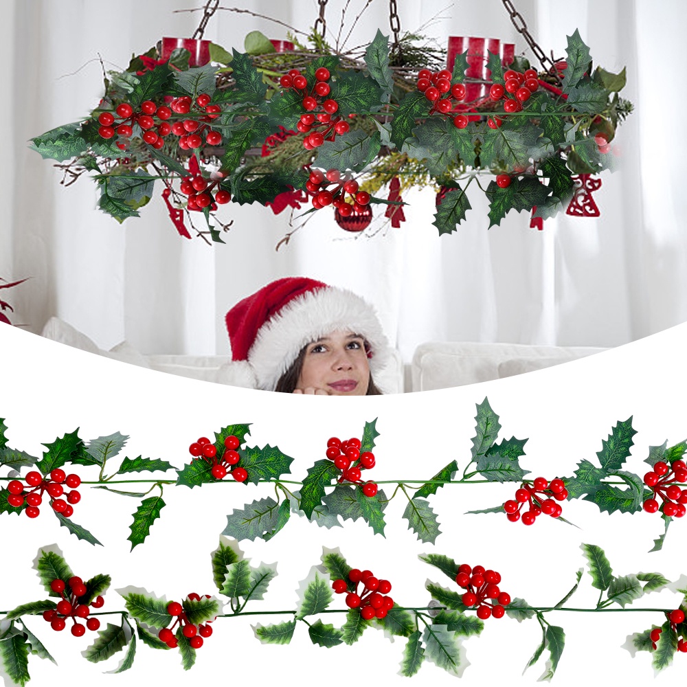 2M Artificial Christmas Garland Leaf String Lights Red Berries Ivy Vine ...