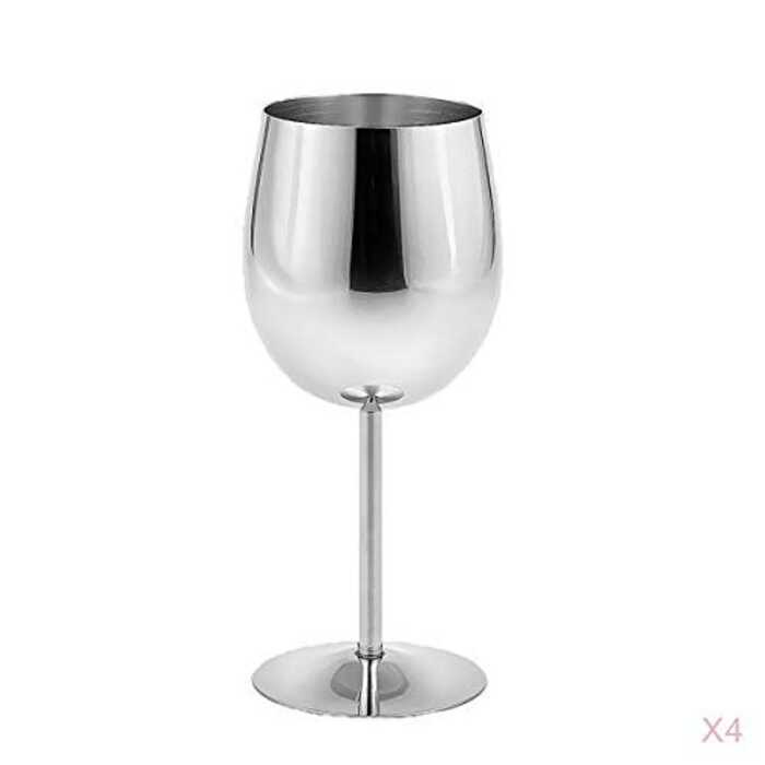 Shiny Solid Stainless Steel Wine Glass Set Of 2 New Silver Color Goblet