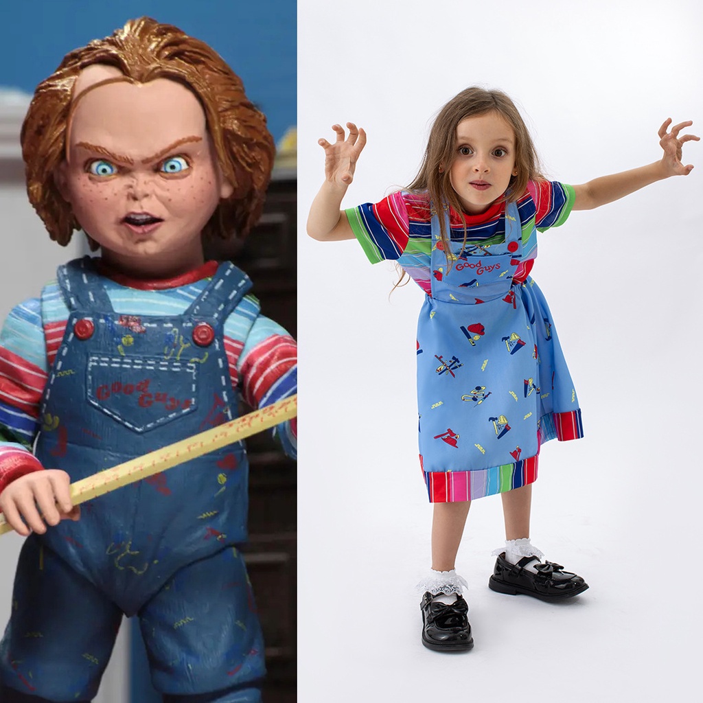 Baby Boys Girls Child Play Chucky Cosplay Costume Good Guys Bride of Chucky  Horror Ghost Doll Halloween Costume Dress Kids