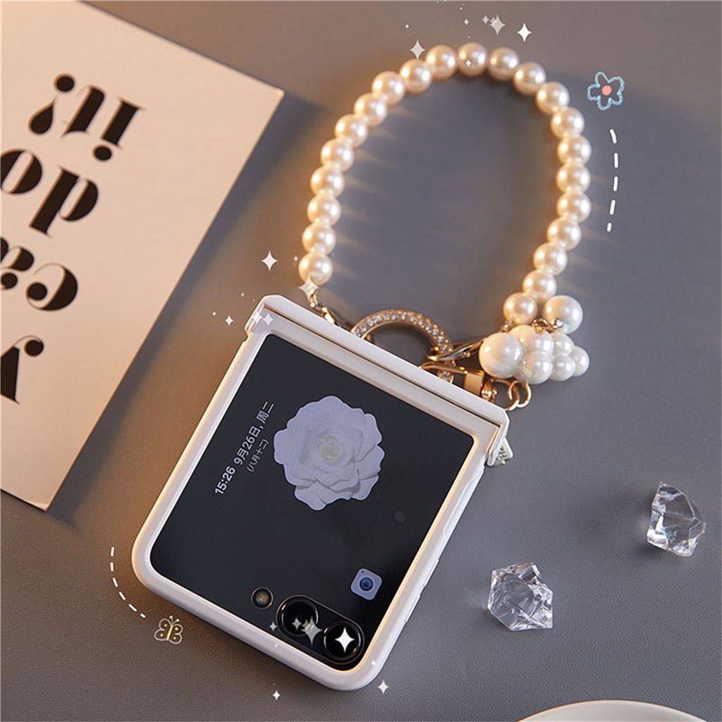 Cute Korean Kawaii 3d Cloud Pendant Pearl Bracelet Glitter Ring Case For Galaxy Z Flip 5 6 Flip