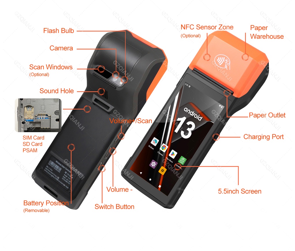 4G Android 13 PDA with 58mm Printer 2D Barcode Scanner WiFi/Bluetooth ...