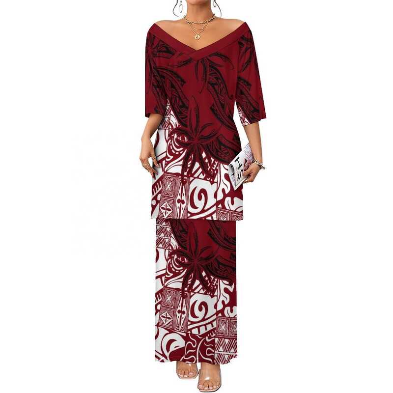 Custom Samoa Polynesian Tribal Tapa Puletasi Damit 2 Piece Sets Long Dress Sexy Woman Evening