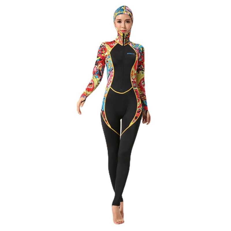 Women Lycra Wetsuit Fullbody Jumpsuit Hooded Dive Skins Full Body Rash Guards Fabric Surfing 3132