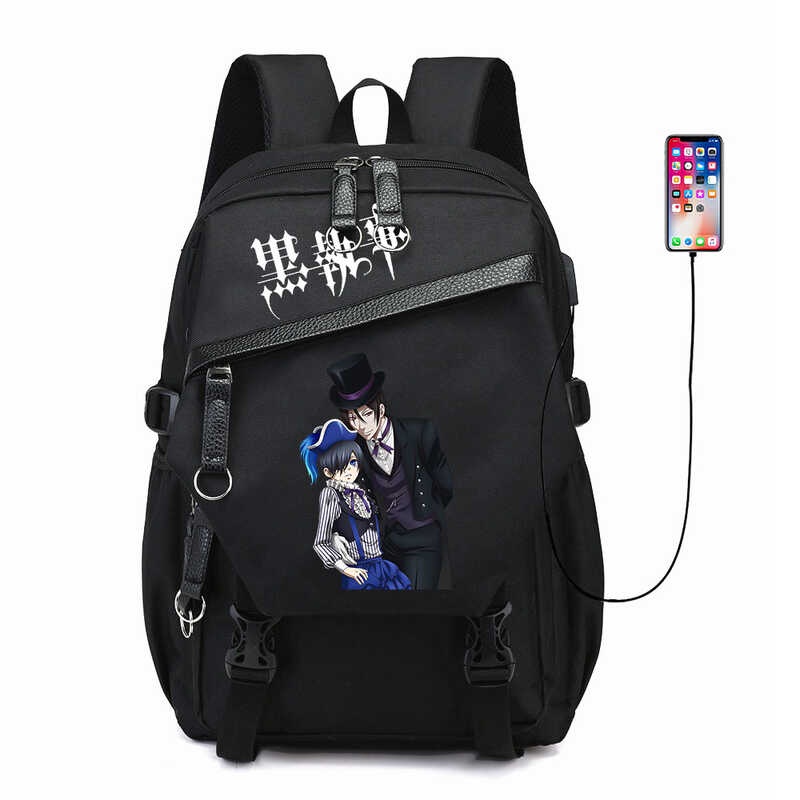 Anime Black Butler Backpack Print Student Cartoon Schoolbag Black USB
