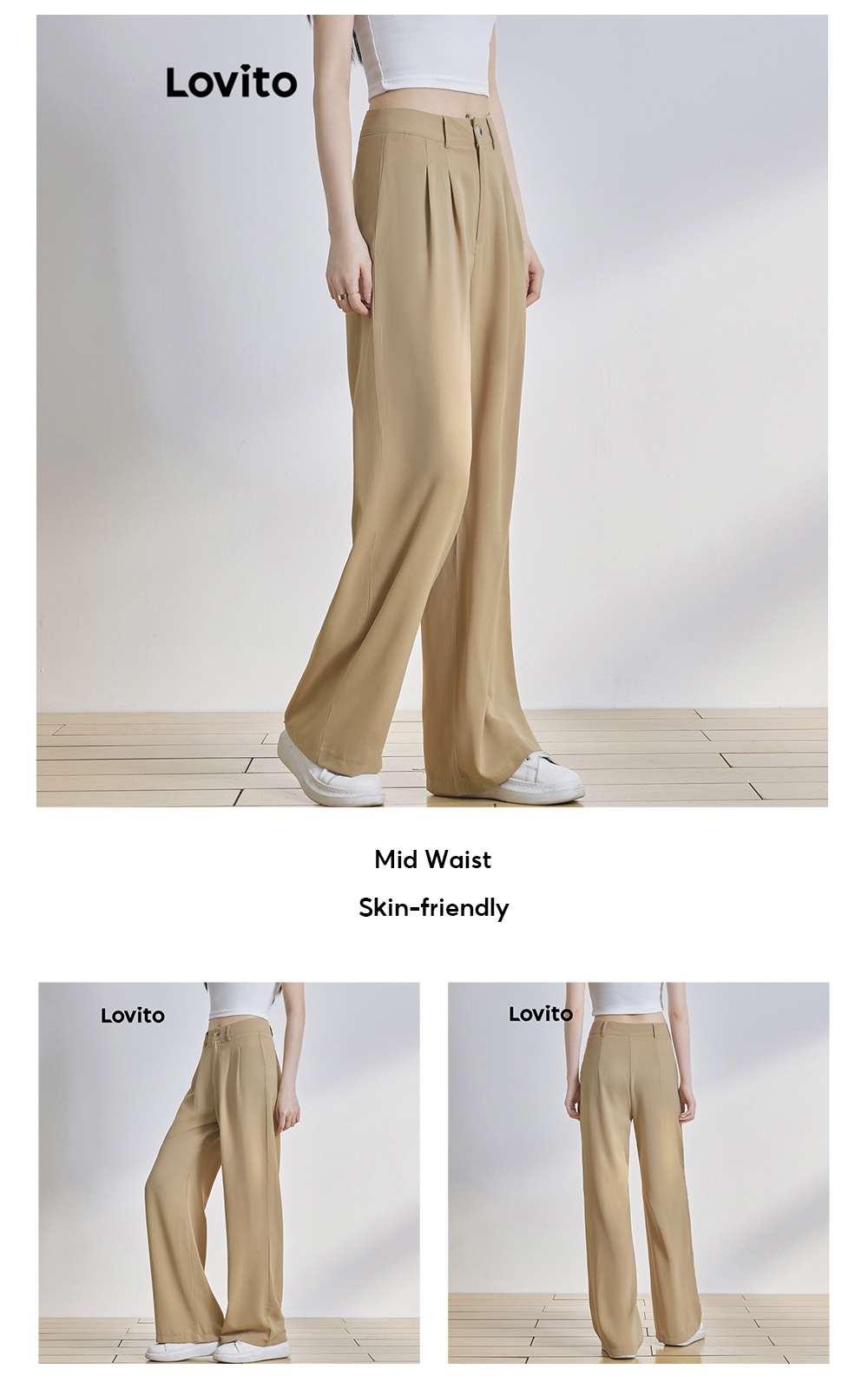 Lovito Women Draped Mid Waist PANTS L64AD096 (Khaki) | Shopee Philippines