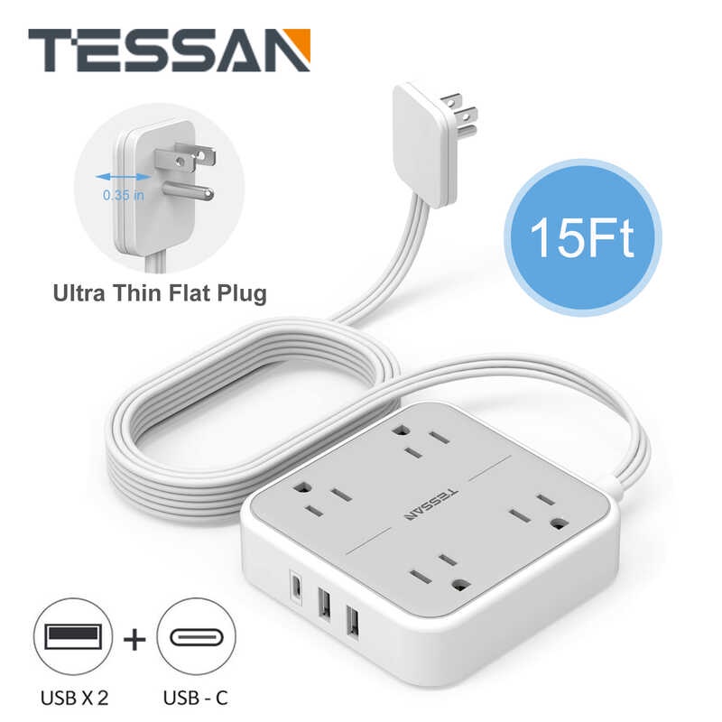 TESSAN Ultra-Thin Flat Plug Power Strip Na May 4 Outlets & 3 USB (1 ...
