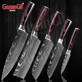 Kitchen Knives Set 1-10pcs Japanese Chef knife Blue Resin Handle 7CR17  Damascus Pattern Santoku Cleaver Slicing Utility Knives