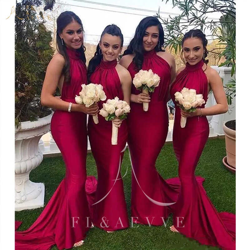 Wind Red Satin Bridesmaid Dresses Elegant Gowns Halter Neck Mermaid ...