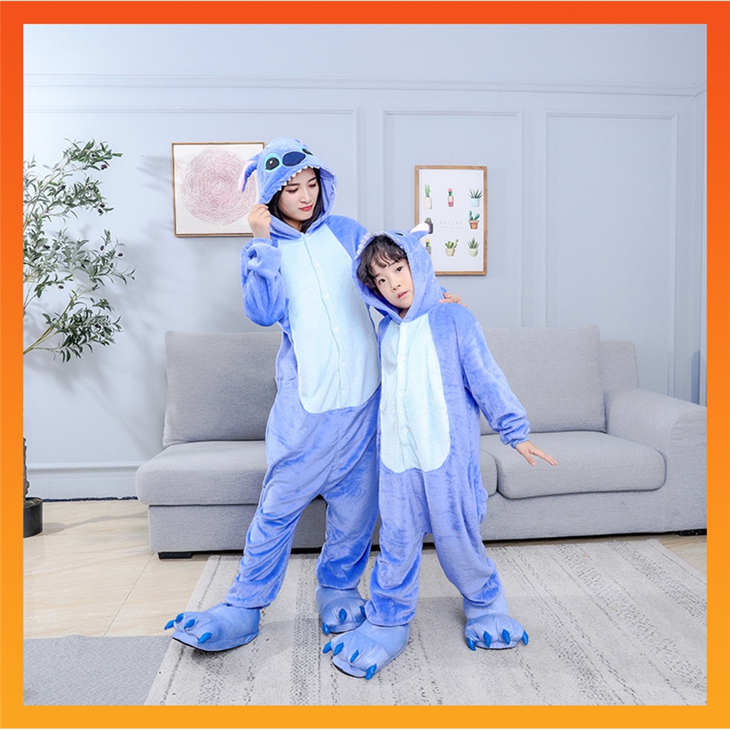 Kigurumi Blue Stitch Cartoon Flannel Pajamas Women Men Sleepwear