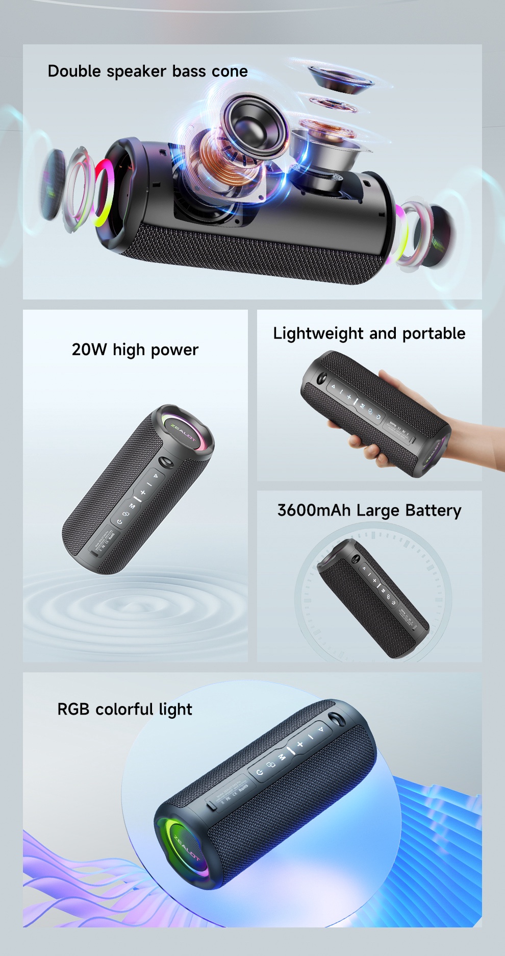 ZEALOT S49PRO Portable Bluetooth Speaker 20W IPX6 Waterproof BT5.2 ...