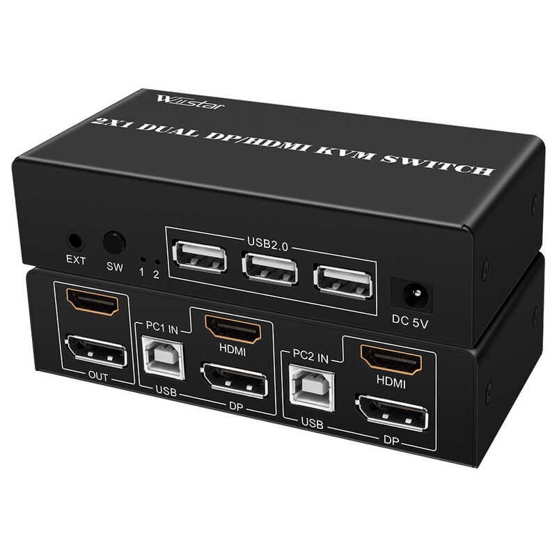 4K Hdmi+8K DP Dual Monitor KVM Switch 2X1 Extended Display 2 PC O ...
