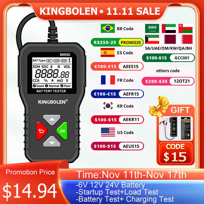 KINGBOLEN BM550 Car Tester 6V 12V 24V Detect Auto Analyzer 100-2000 CCA ...