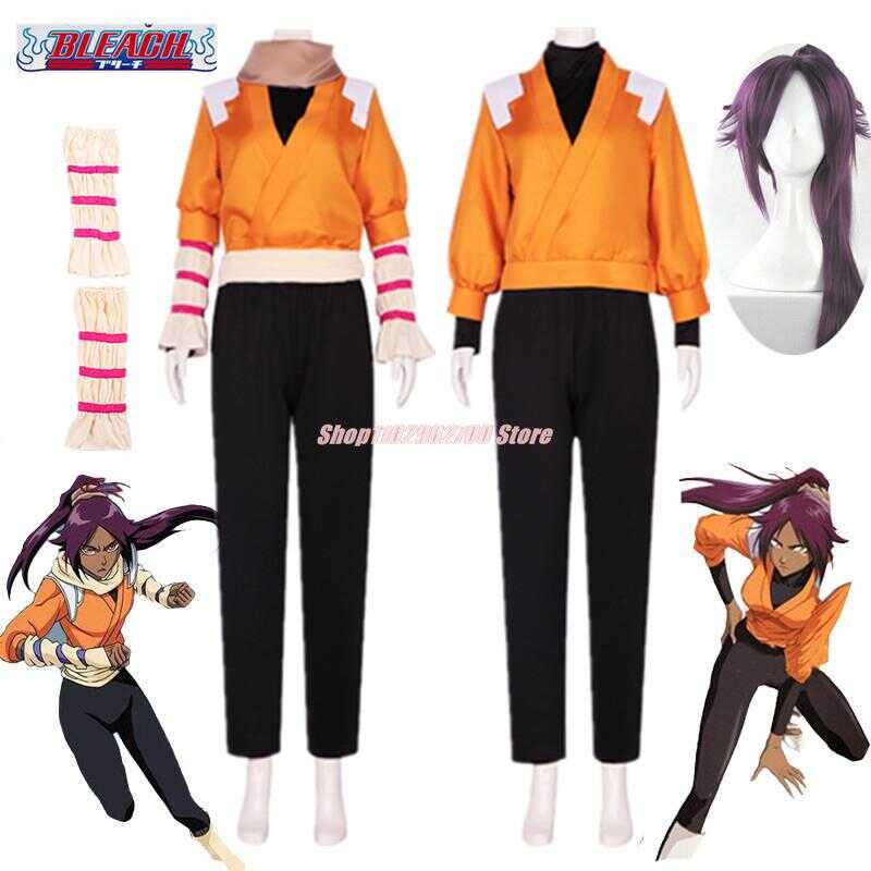 Anime Bleach Shihouin Yoruichi Cosplay Costume Gotei 13 Captain Combat Yellow Short Long Uniform