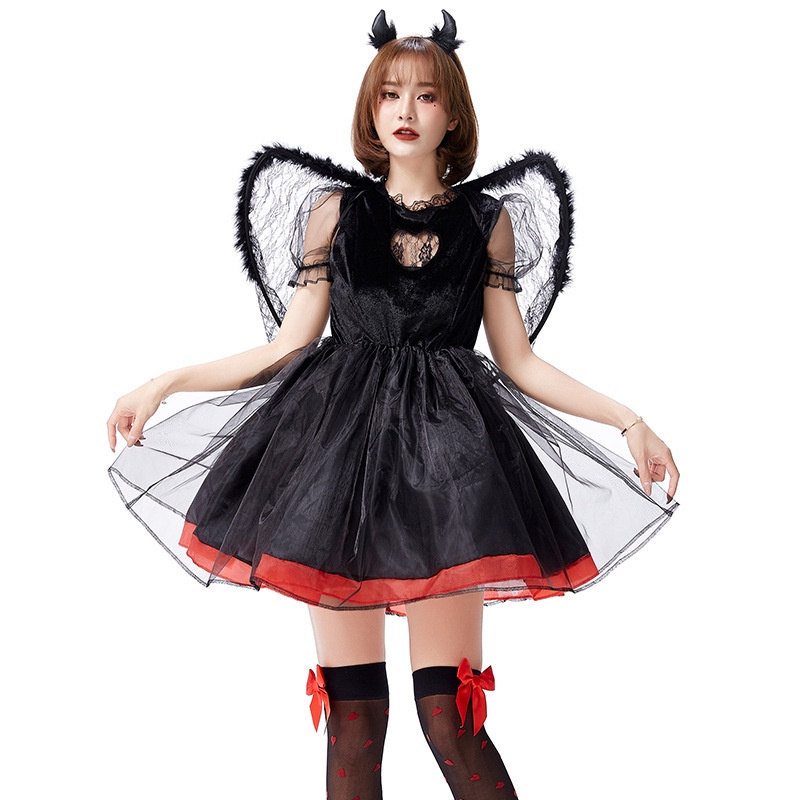 Halloween Fallen Black Devil Cosplay Costume Sexy Love Fluffy Princess Skirt White Angel 4345