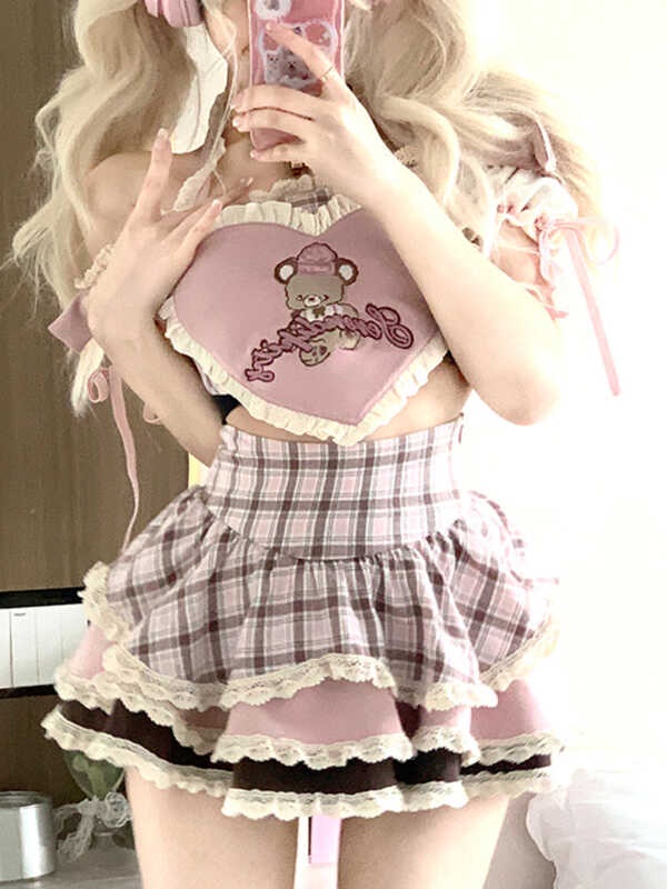 Pink Lolita Kawaii Two Piece Set Kababaihan Summer Korean Cute Mini