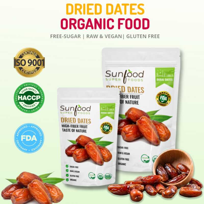 Pitted Dried Dates Organic Sunfood Free Sugar Low Carb Pitted Organic healthy high fiber fruit