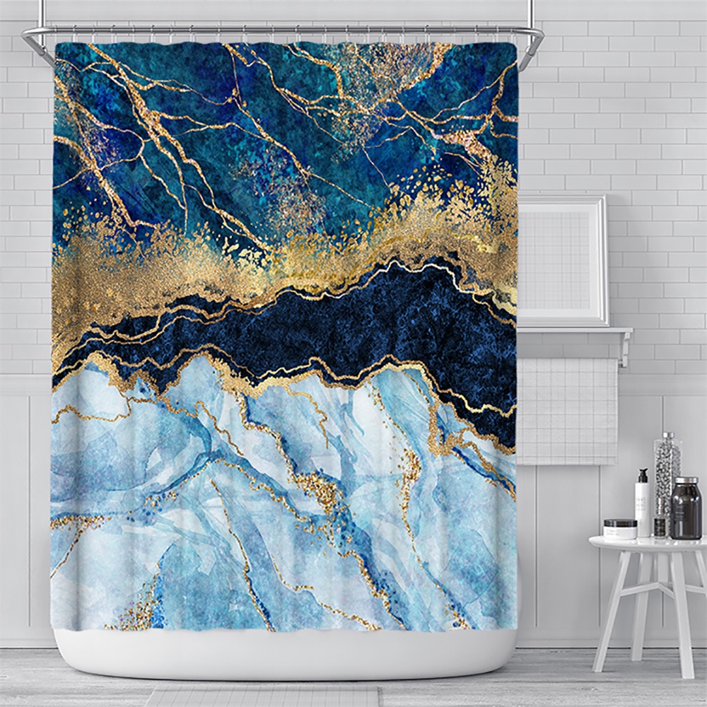 Abstract Navy Blue Gold Marble Shower Curtain Modern Luxury Golden