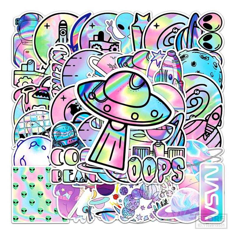 50pcs Holographic Laser Alien Outer Space Cartoon Stickers DIY Laptop ...
