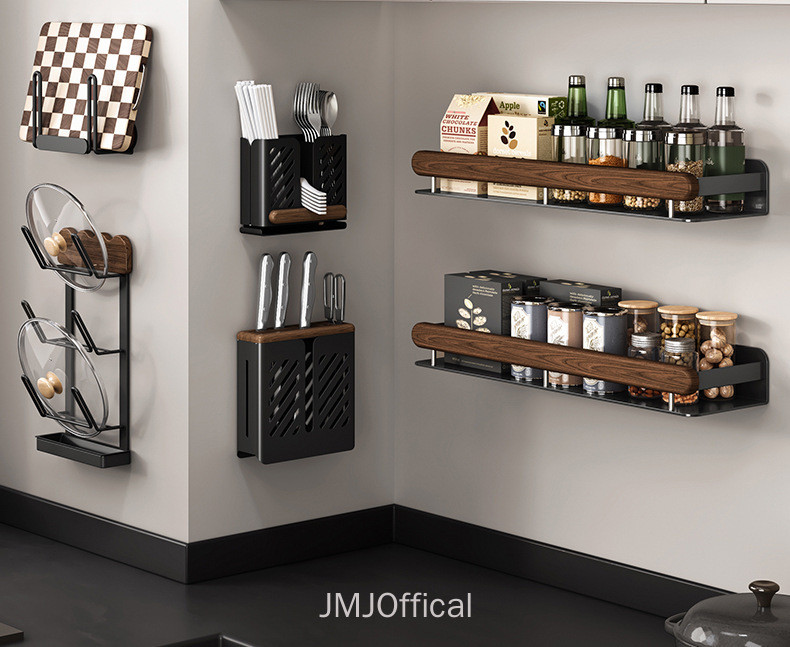 Walnut Kitchen Rack Seasoning Rack Rack Wall-Mounted Perforated Wall ...