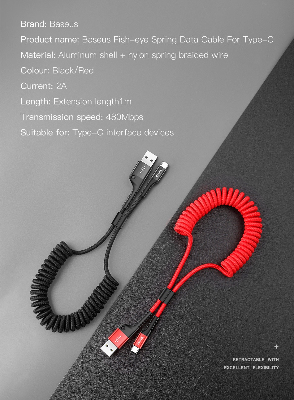 Baseus Spring Charging Cable USB C Type Spring Braided Rope Charging ...