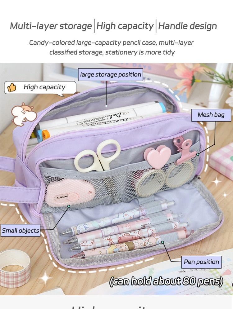 Kawaii Purple Canvas Pencil Case Cute Pink Pencil Case Large Capacity