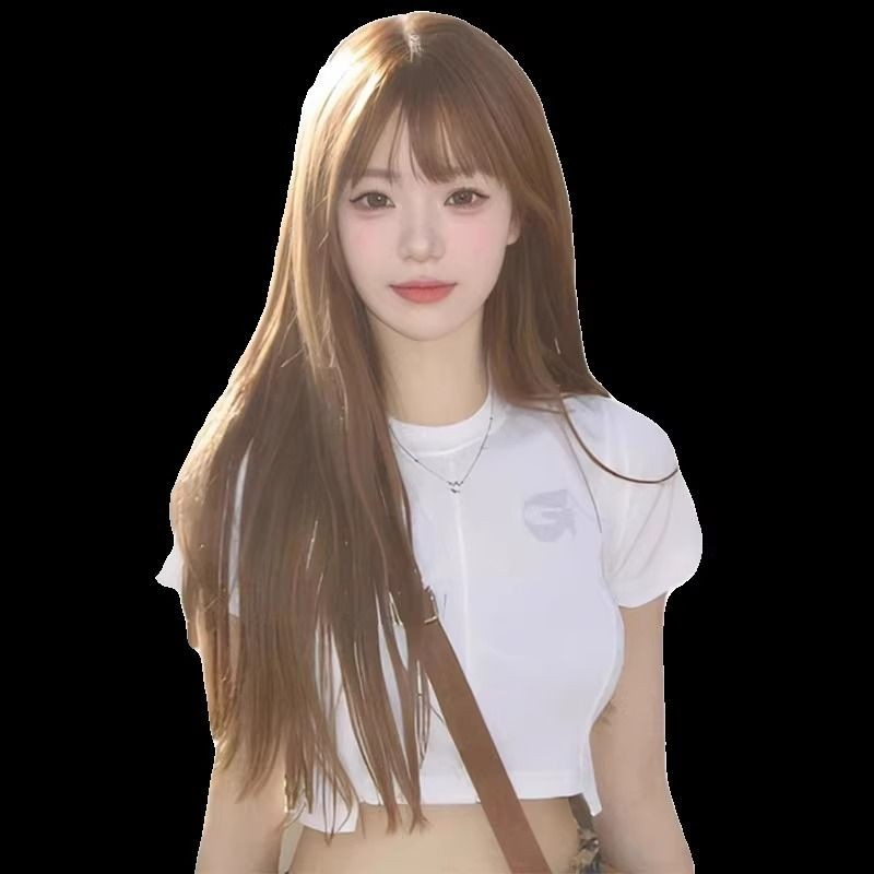 Wig Female Long Hair Full Bangs With Sideburns Milk Tea Color Long ...