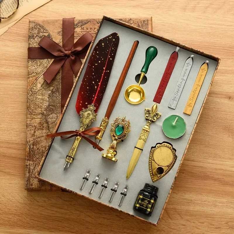 Classic Calligraphy Feather Pen Wax Ink Seal Stamp Set Vintage Wood Dip ...