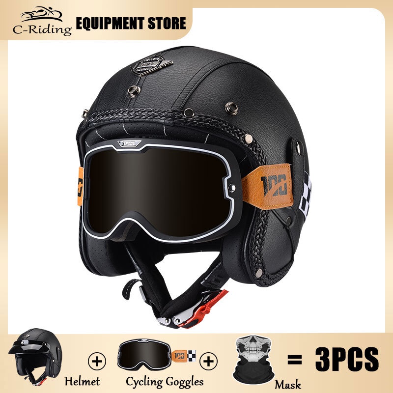 Retro Motorcycle Helmet Capacetes PU Leather Open Face 3/4 Chopper ...