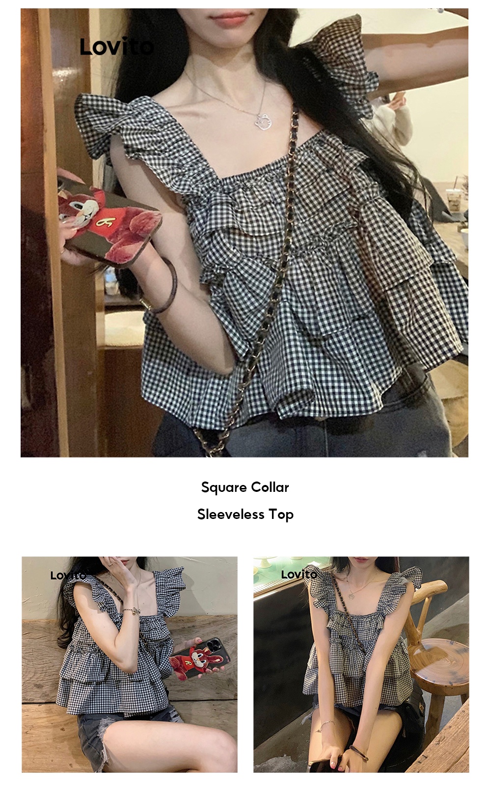 Lovito Casual Plain Ruffle Square Collar Sleeveless Tops for Women ...